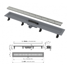 Трап линейный AlcaPlast, APZ10-750M с порогами (полипропилен) д/решетки, комбинир.затвор, мат.хром