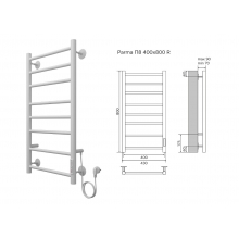 Полотенцесушитель AZARIO, PARMA 400х800 (ш*в), электрический, БЕЛЫЙ, Правый, 8 перекладин